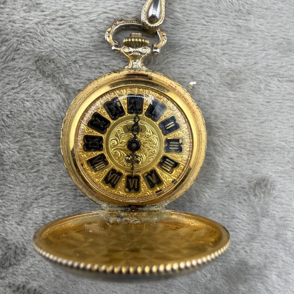 Vintage Sheffield Pocket Watch Necklace Gold Tone‎ UNTESTED 25"